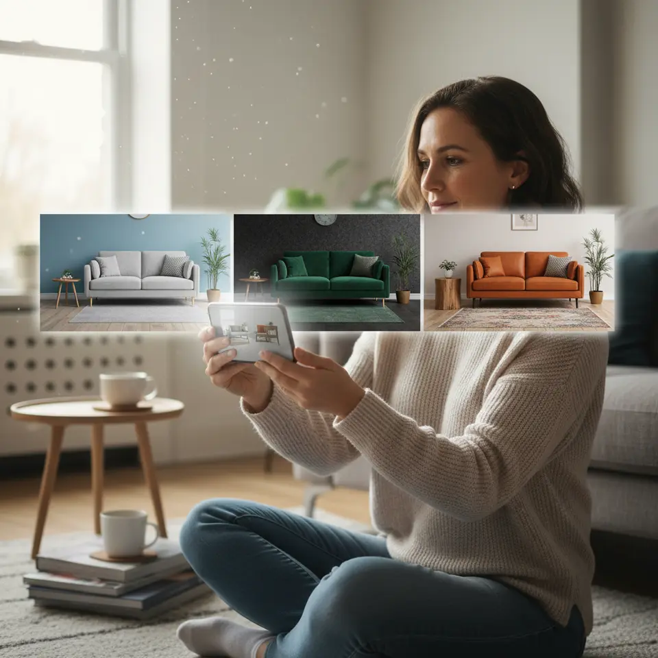 An augmented-reality furniture try-on experience: a shopper holding a smartphone that overlays AI-generated living room scenes, showing the same chair, sofa and side table in different color schemes and styles, illustrating how generative visuals adapt instantly to user context.