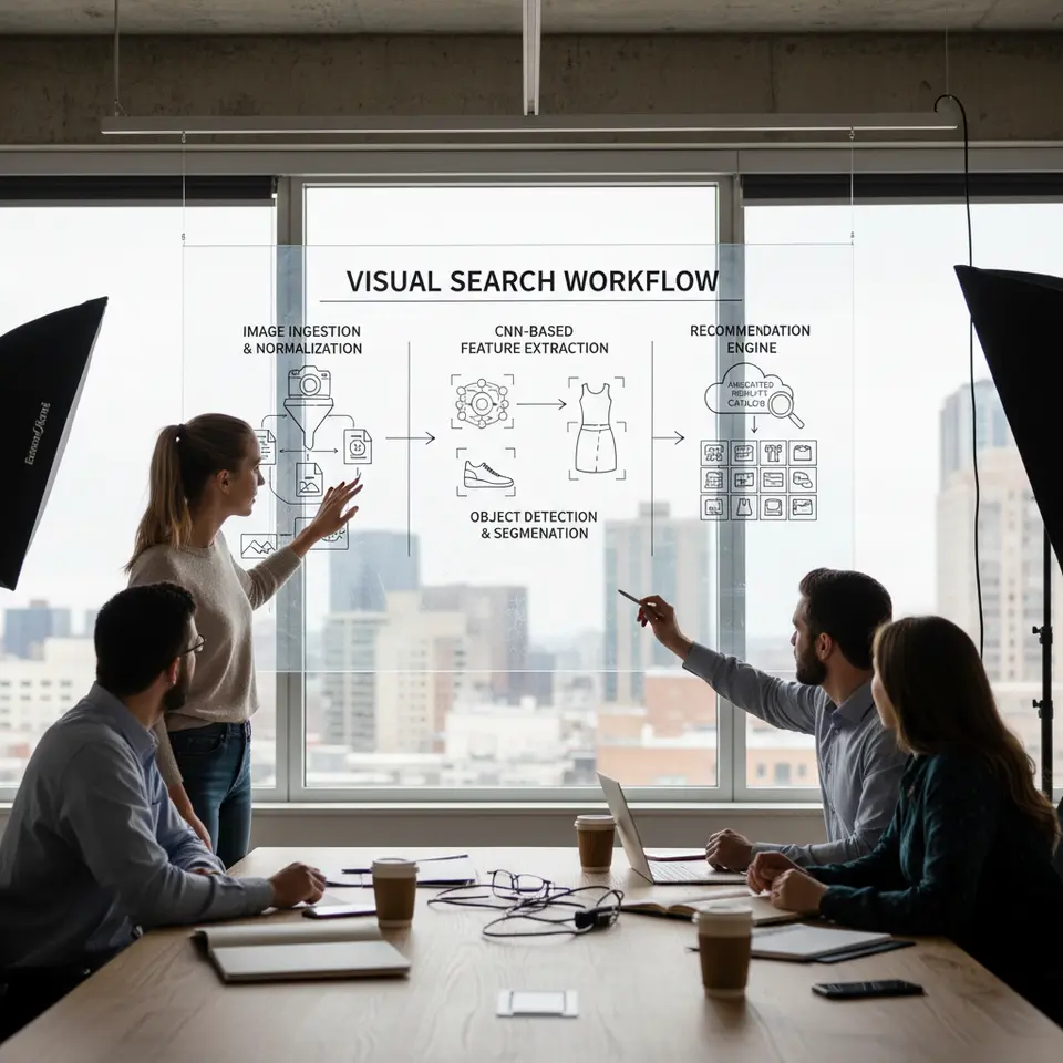 Key Components of Visual Search Workflows: a three-stage pipeline illustration showing (1) image ingestion and normalization, (2) CNN-based feature extraction with object detection and segmentation, and (3) a recommendation engine matching features to an annotated product catalog
