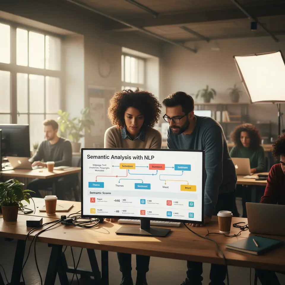 Semantic Analysis with NLP: A visualization of a transformer-based natural language processing pipeline scanning webpage text—headlines, paragraphs, metadata—to extract themes, sentiment, and intent, then outputting semantic scores that match pages to specific ad topics.
