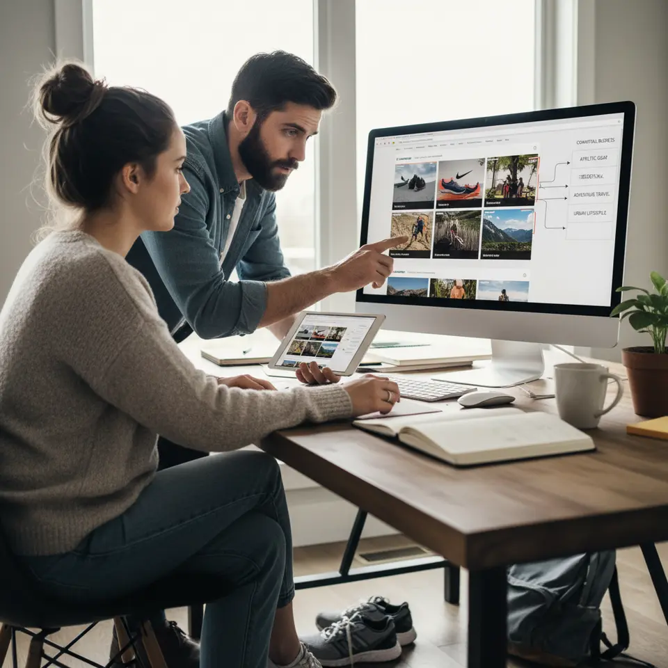 Visual Understanding through Computer Vision: An illustration of a computer vision system analyzing webpage images and video frames, detecting objects (e.g., running shoes), scenes, and brand logos, and sorting them into contextual buckets for precise ad placement.